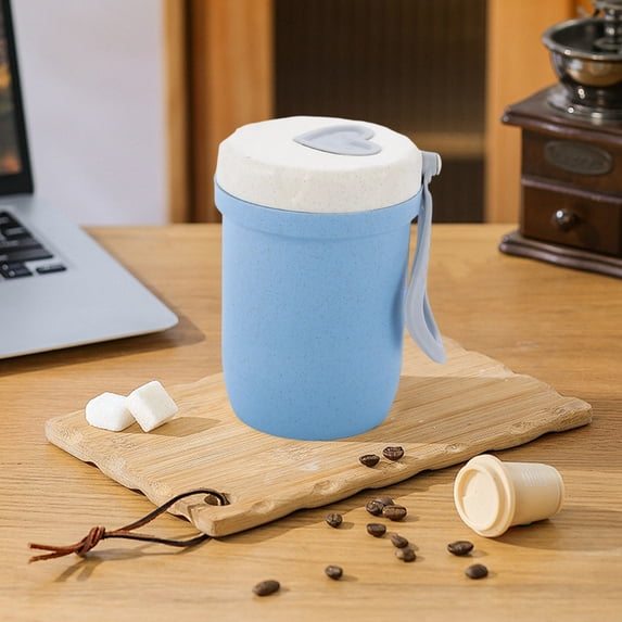 Double Wall Insulated Breakfast Cup with Lid, Microwave Safe Travel Mug, Leakproof Portable Tumbler for Hot and Cold Drinks, Office Commute Gym Outdoor Use, Plastic Reusable Beverage Container