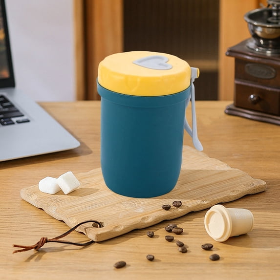 Double Wall Insulated Breakfast Cup with Lid, Microwave Safe Travel Mug, Leakproof Portable Tumbler for Hot and Cold Drinks, Office Commute Gym Outdoor Use, Plastic Reusable Beverage Container