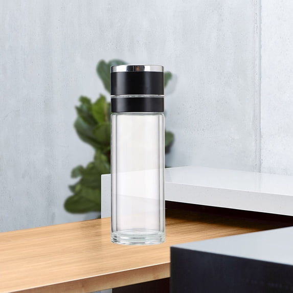 Double Wall Insulated Glass Travel Mug with Tea Infuser, Portable Leak Proof Tumbler for Hot and Cold Beverages, Office Car Outdoor Use