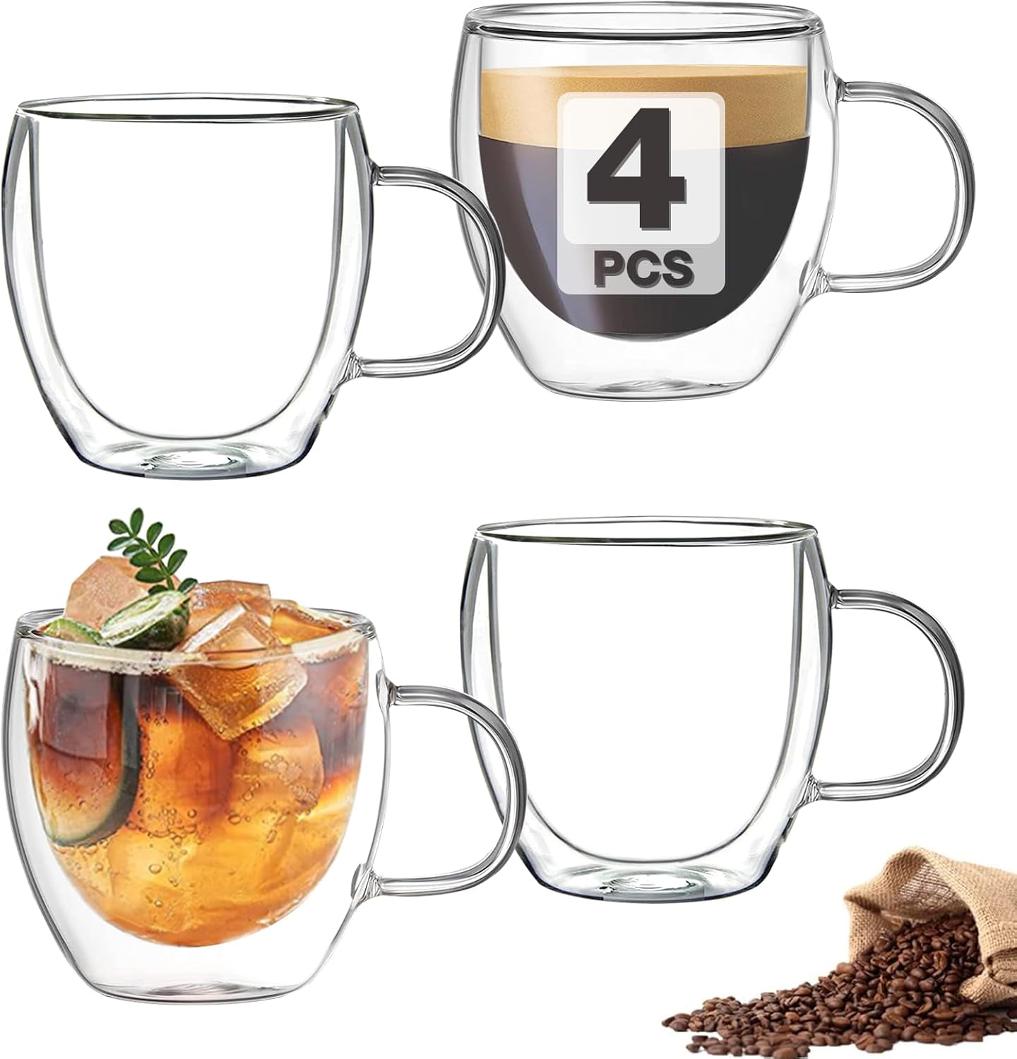 Double Wall Insulated Glasses Espresso Cups Set of 4 (50% Thicker), 5 oz Clear Coffee with Handle, Shot Glasses, Suit for Machine, Latte, Cappuccino, Glass Mugs