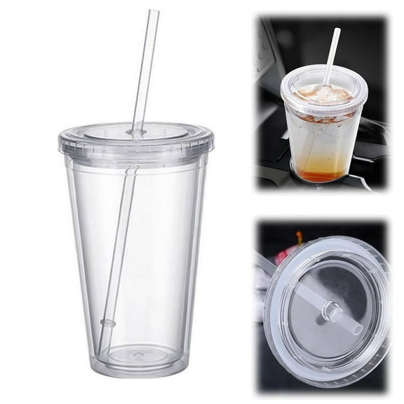 Double Wall Insulated Plastic Cups,Reusable Iced Coffee Cup,Clear Acrylic Tumbler,Cold Drink Tumbler,Portable Drinking Cups,with Straw and Lid,for Home School Office 16oz
