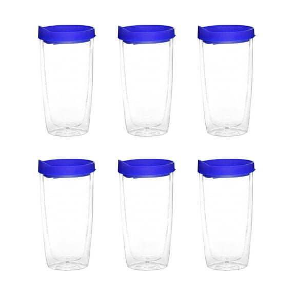 Double Wall Plastic Tumblers with Slid-lock Lid, 14 oz, 6 pack, Plastic Travel Coffee Cups , Blue