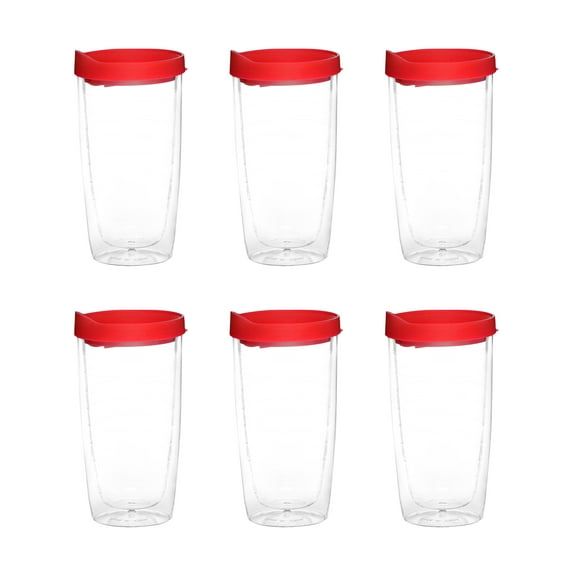 Double Wall Plastic Tumblers with Slid-lock Lid, 14 oz, 6 pack, Plastic Travel Coffee Cups , Red
