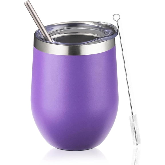 Double Wall Stainless Steel Travel Mugs, Stemless Wine Tumbler with Lid 12oz