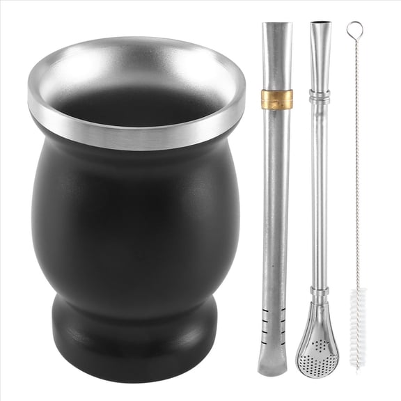 Double-Wall Stainless Yerba Mate Gourd Tea Cup Set Coffee Water Cup with 2 Bombillas Straws Spoon&Clean Brush 8Oz Black,1 x cup 1 x spoon straw 1 x straw 1 x cleaning brush,black