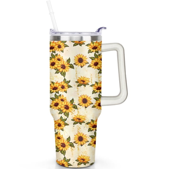Double Wall Vacuum Insulated 40oz Sunflower Tumblers with Lids Straws Sunflower Tumbler with Handle Flip Straw Lid Leak Proof Stainless Steel Travel Accessories Must Have