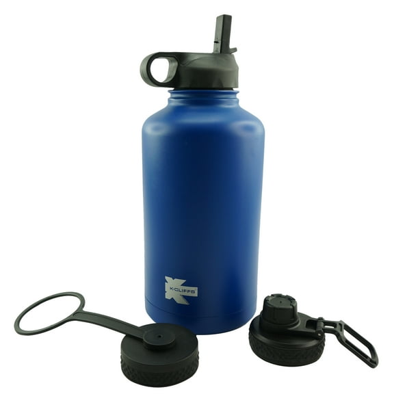 Double Wall Water Bottle Stainless Steel BPA Free 3 Lids Included Straw Lid / Twist / Sport Cap Blue 64oz