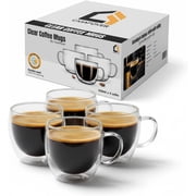 Double Walled Coffee Cups Glasses Mugs 9oz Set of 4 | Heat Resistant Borosilicate Clear Glass Espresso Latte Cappuccino Tea Cups with Handle | Insulated Glass Coffee Mugs Ideal for Gifting