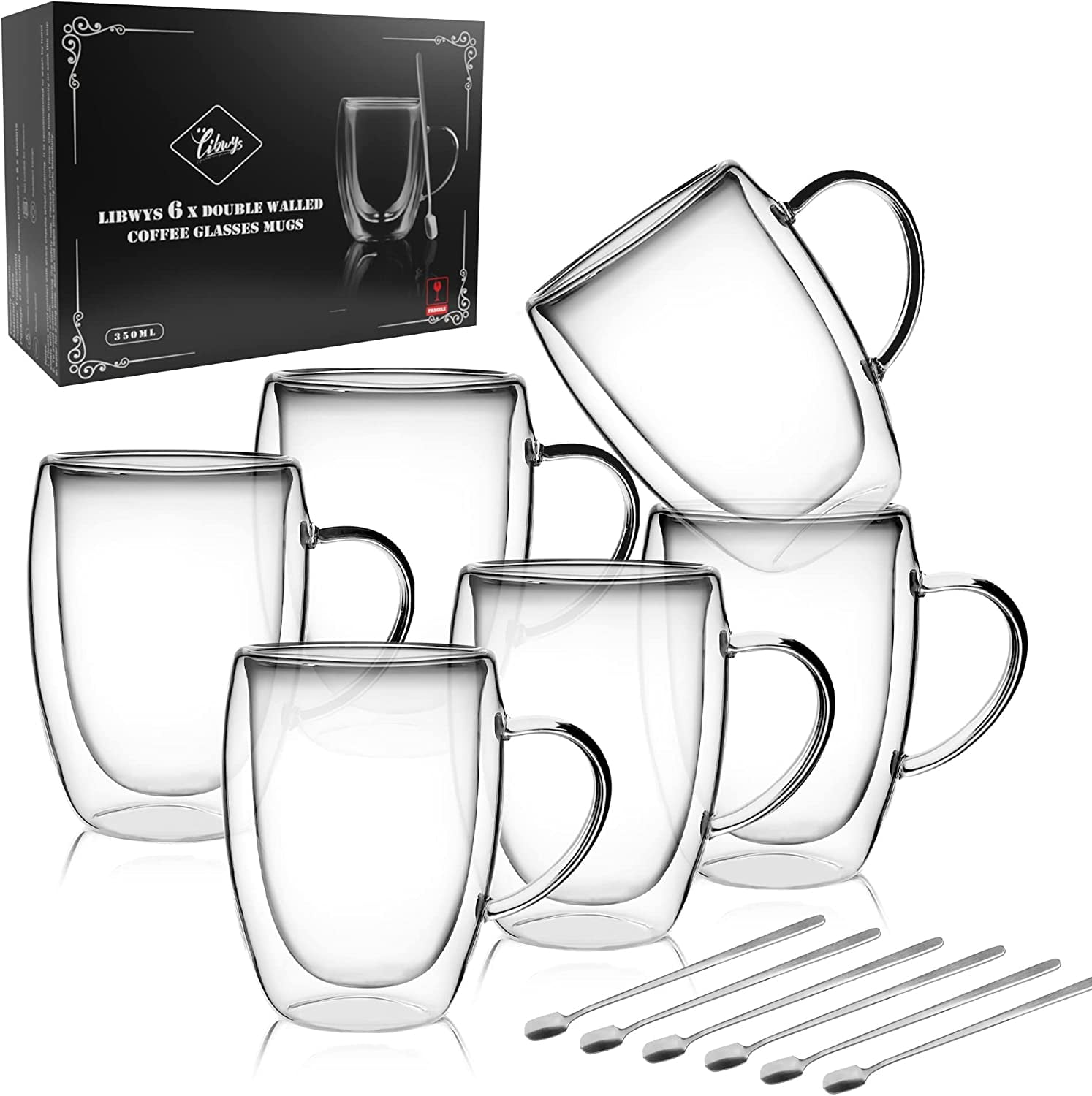 6-Pack Double Wall Glass Coffee Mugs 12 oz with Sakura Spoons
