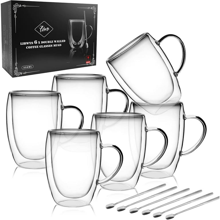 Double-Walled Coffee Cups Glasses Mugs - Set of 6 with Spoon Insulated Heat  Resistant Cup with Handle for Espresso Cappuccino Tea 