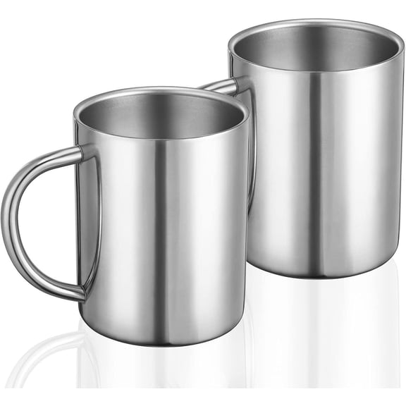Double Walled Coffee Mug, 10oz / 300ml Stainless Steel Tea Cups, Travel Camping Mugs,Suit for Cold or Hot Drinks,Silver,2 Pack