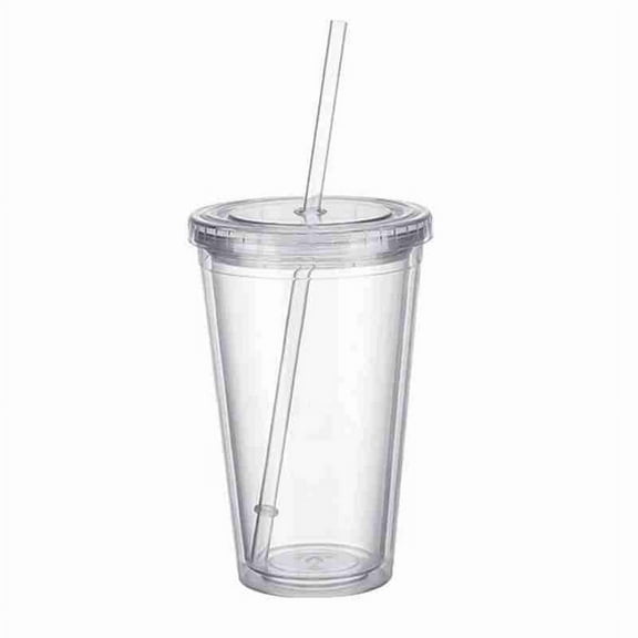 500ml Double-layer Walled Cup Plastic Clear with Lid&Straw TOP Drink Cup D2G4