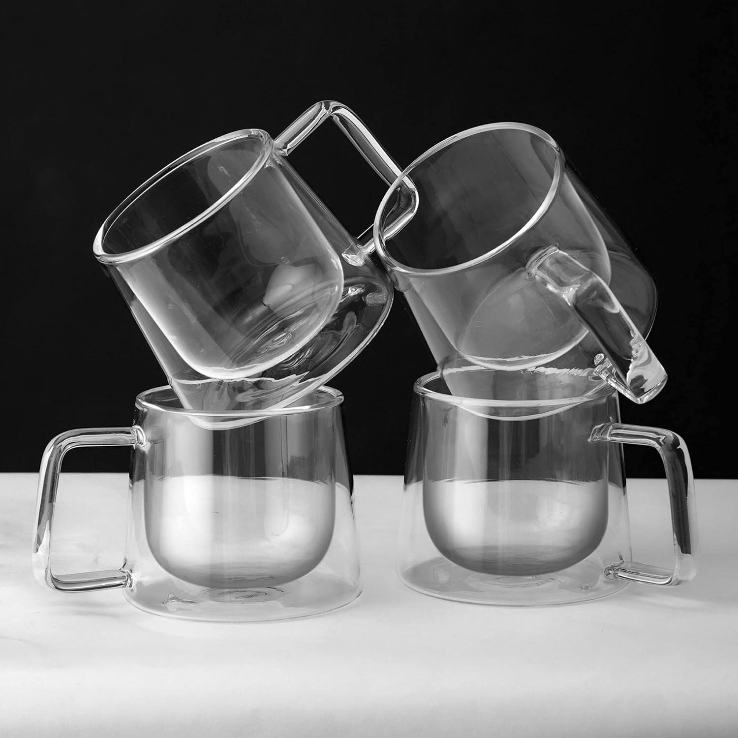 Double Walled Clear Glass Coffee Mugs with Handles - Set of 2
