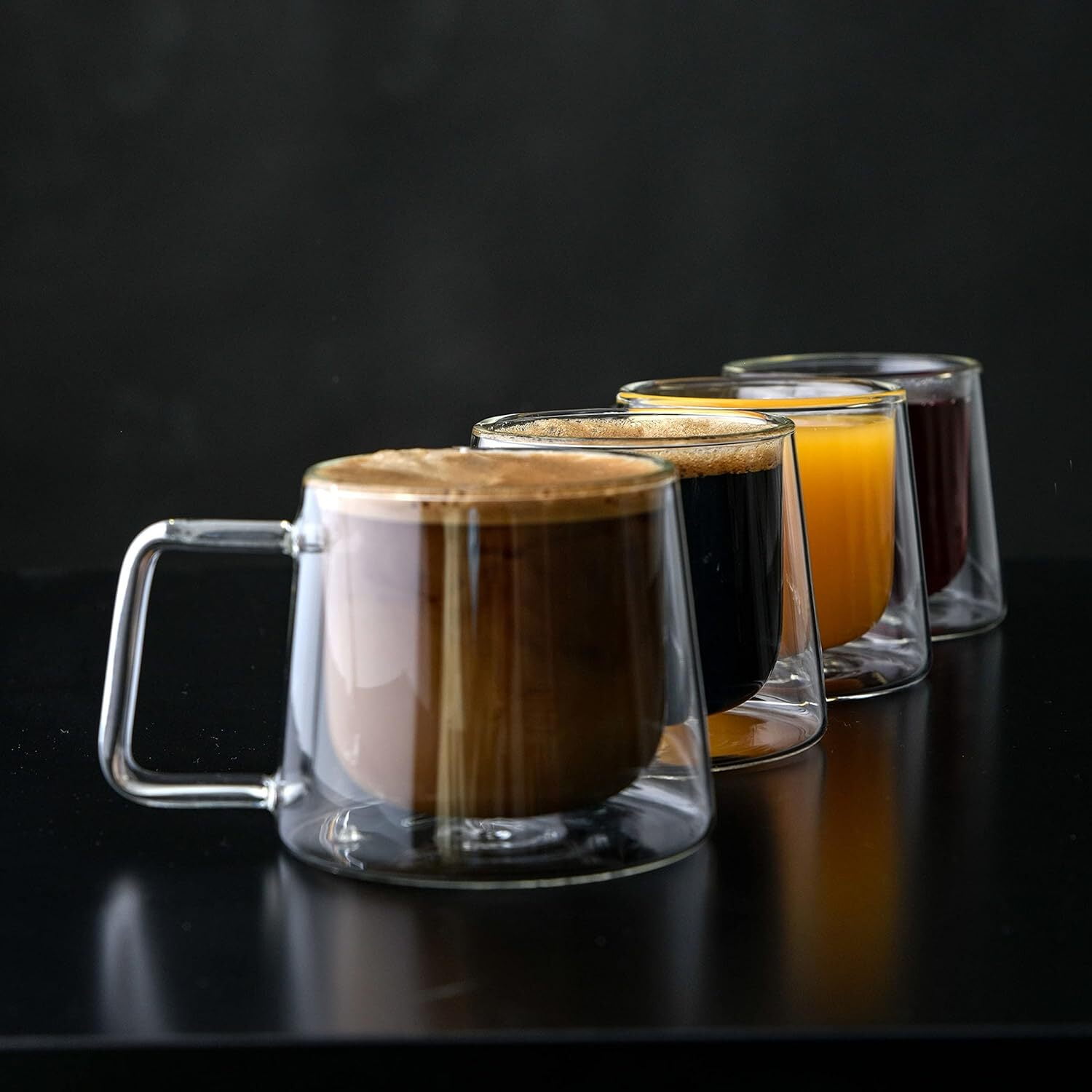 Double Walled Clear Glass Coffee Mugs with Handles - Set of 2