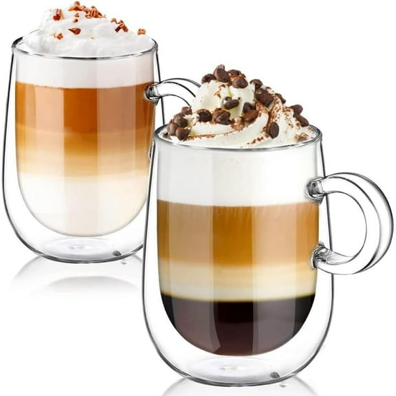 Double Walled Glass Coffee Mug 12 oz Cappuccino Cups Set of 2, Clear Glass Coffee Cups with Handle, Insulated Borosilicate Double Wall Glass Latte Coffee Mugs Milk Tea Cup German Quality