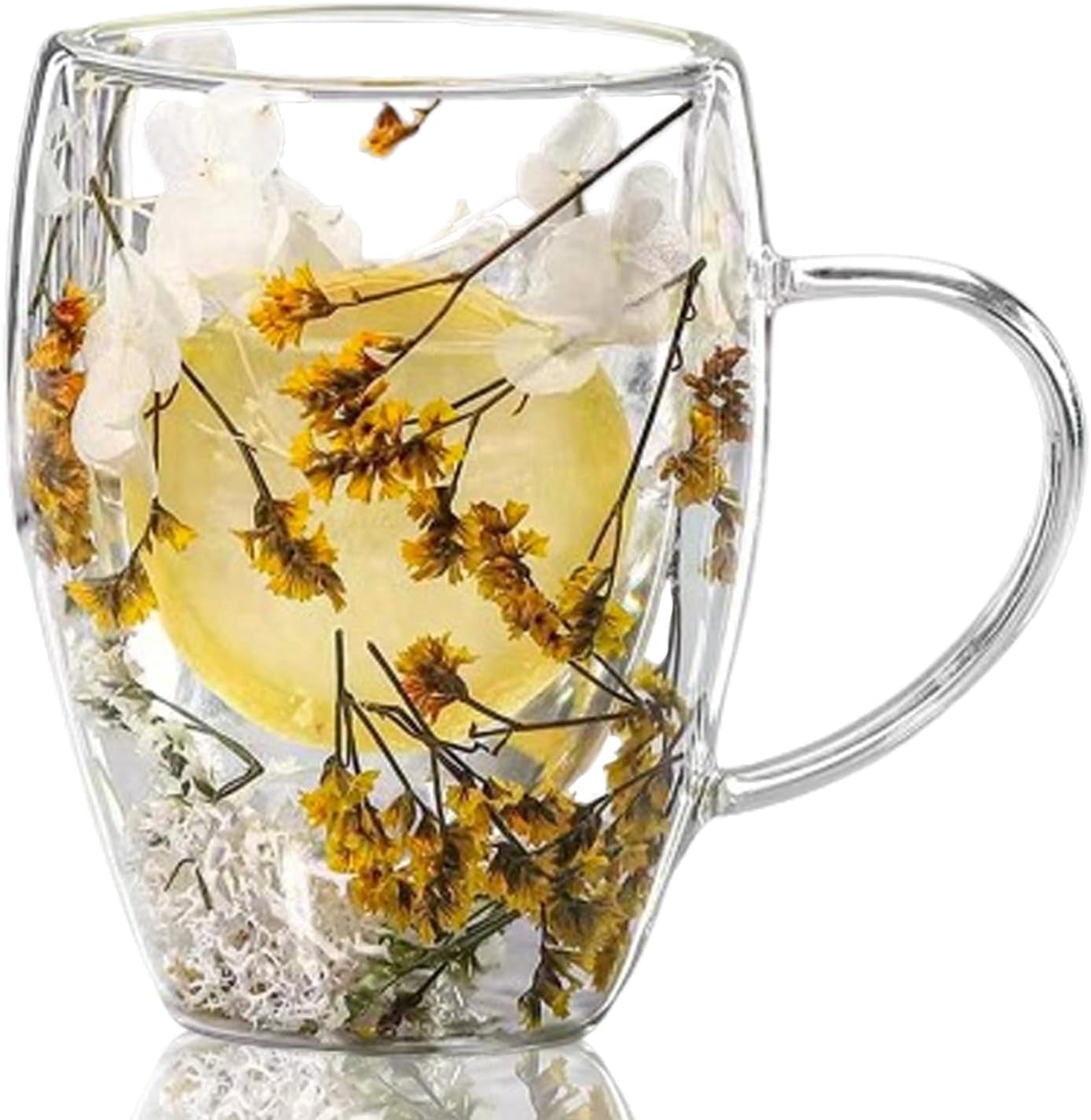 Double Walled Glass Coffee Mugs 12oz 2pcs Espresso Cups,Clear Coffee Mug Cappuccino Cup With Handle Unique Flower Filler Glass Coffee Cups For Tea Milk Latte Hot Cold Beverage Wine Espresso