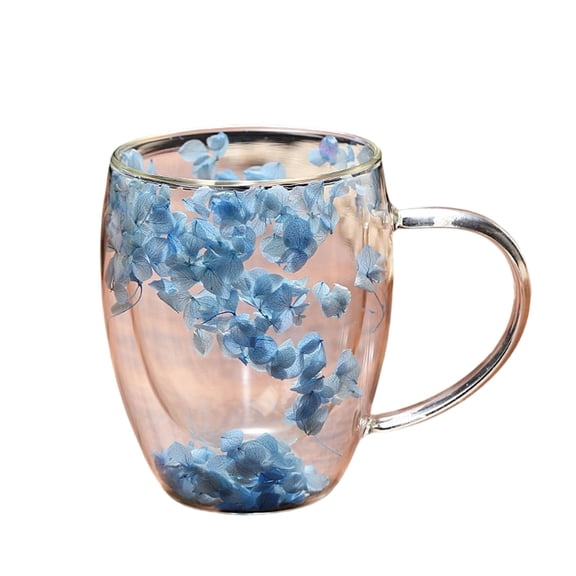 Double Walled Glass Coffee Mugs with Handle, Clear Insulated Cups with Flowers, 350ml Heat Resistant Cups for Espresso, Cappuccino, Tea, Latte - Gift for Mom, Wife, Women