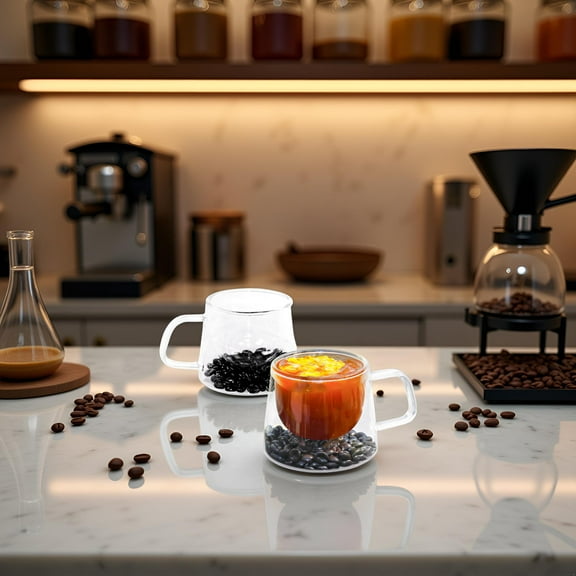 Double Walled Glass Coffee Mugs Set of 2Borosilicate Glass Coffee mug with 3D Coffee Bean Illusion6 oz Hot/Cold Cups- Unique Gift forTea, Cappuccino, Latte, Espresso Coffee, Juice