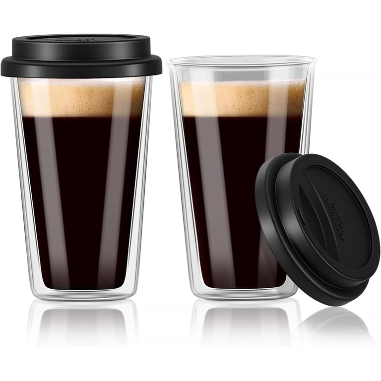 Double Walled Glass Coffee Mugs with Silicone Lids,12 OZ 2 Packs Insulated  Drinking Coffee Cups with Lids, Dishwasher Safe Reusable Glass Iced Travel  Coffee Cups for Morning Coffee, Hot or Cold Drink -