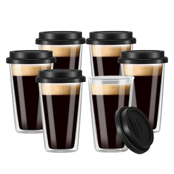 6 Piece 12oz Double Walled Glass Coffee Mugs with Silicone Lids Insulated Drinking Coffee Cups with Lids,Reusable Glass Iced Travel Coffee Cups