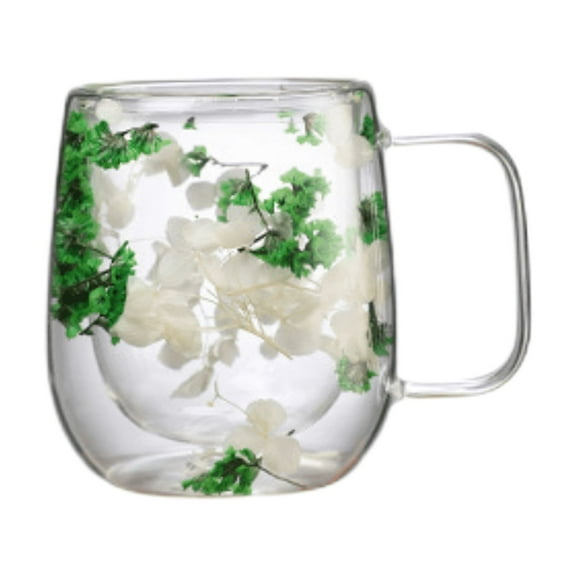 Double Walled Glass Mug, Ongmies Real & Dried Flower Double Layer Borosilicate Glass Cup Ideal for Bar & Home Use, Green