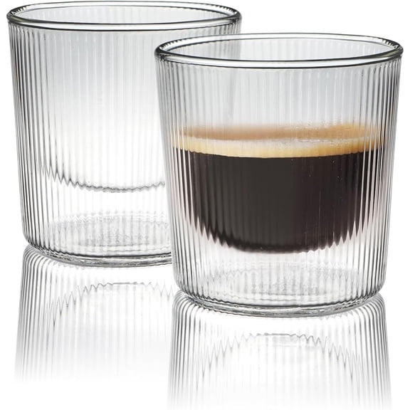 Double-Walled Insulated Glass Espresso Cups, Set of 2, 5.4oz Capacity, Fluted Borosilicate Glass