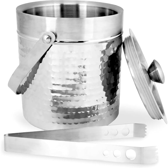 Double Walled Stainless Steel Ice Bucket Double walled design keeps ice insulated 2 quart volume Handle for easy carrying Tongs Included
