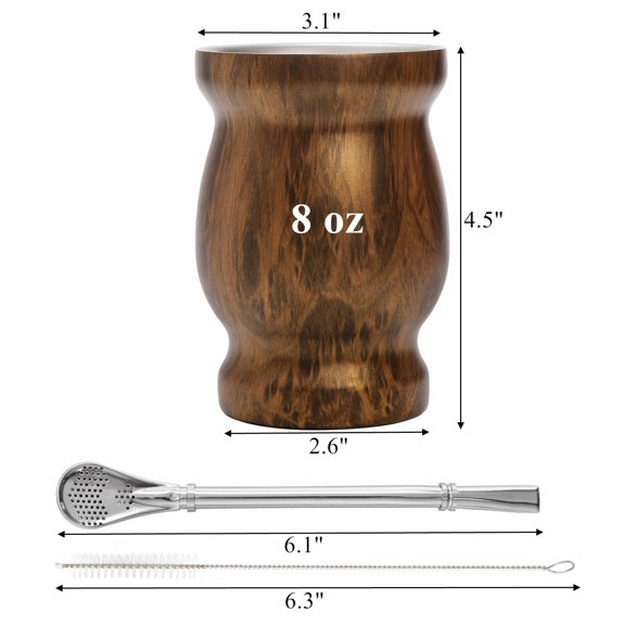 Double Walled Yerba Mate Cup Set with Bombilla Straw and Cleaning Brush 8 Oz Brown