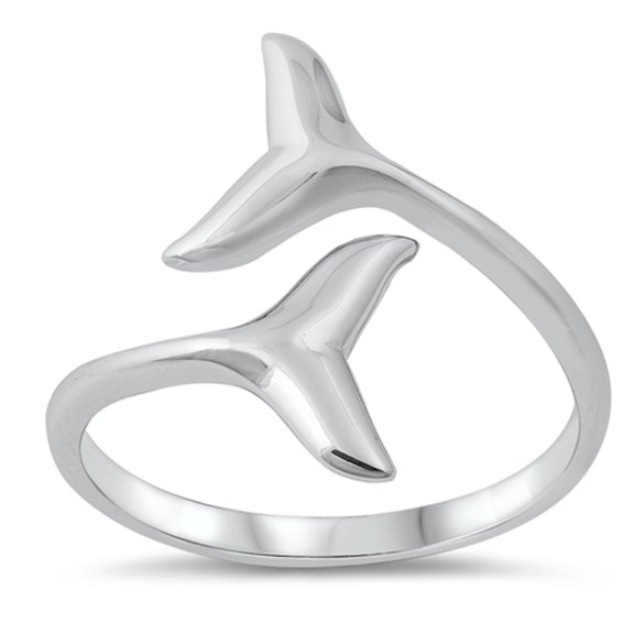 Double Whale Tail Animal Wrap Open Ring .925 Sterling Silver Band Jewelry Female Male Unisex Size 4
