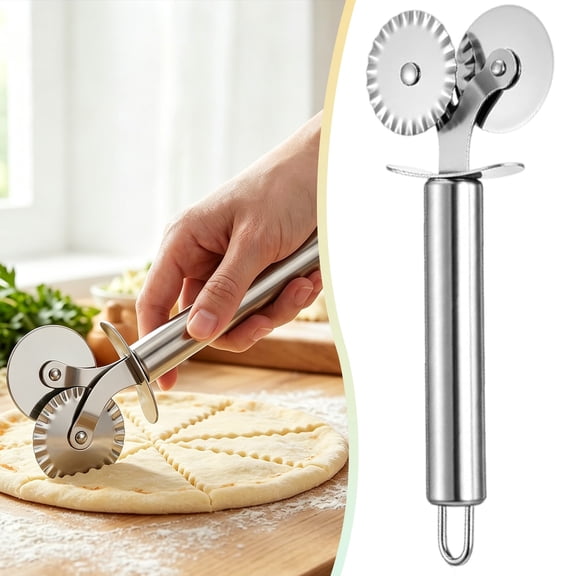 Double Wheel Pasta Cutter, Stainless Steel Ravioli and Pie Crimping Tool, 6.7 Inch Dual Head Baking Cutter for Pizza and Noodles, Ergonomic Handle, Silver, 1 Count