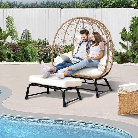 Double Wicker Outdoor Egg Chair,Lounge Chair with Ottoman,Oversized Patio Chair with Footrests,Cushions, Outdoor Indoor Rattan Chair (Rope, White)
