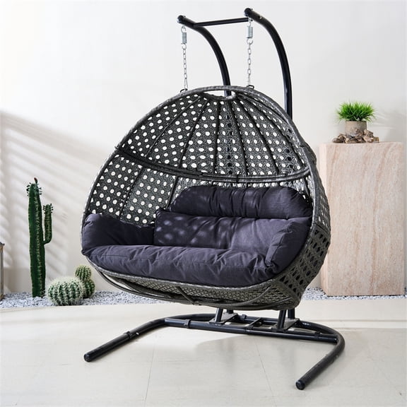 Double Wicker Outdoor Swing Egg Chair Hammock Hanging Loveseat with Stand