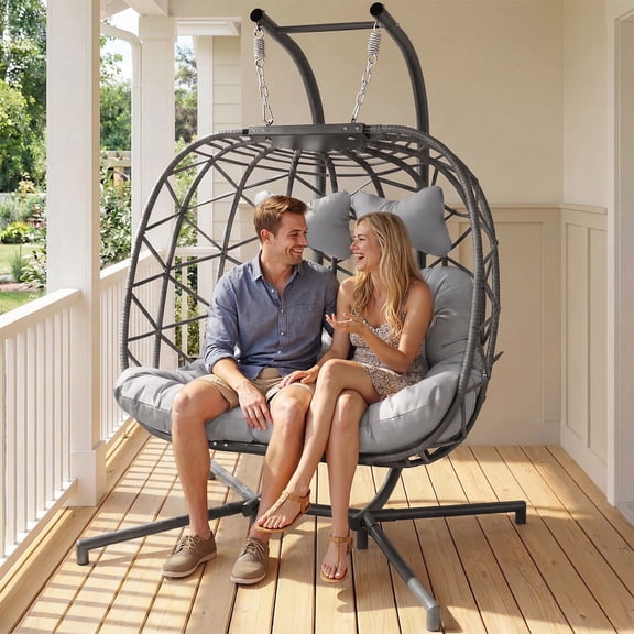 Double Wicker Swing Egg Chair 2 Person Hanging Egg Chair with Stand, Porch Swing Loveseat 690LBS Capacity for Indoor Outdoor, Light Gray