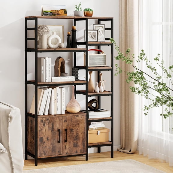 Double Wide 8-Tier Bookshelf with Storage Cabinet, Industrial Corner Etagere w/Metal Frame, Freestanding Display Rack for Living Room Kitchen Rustic Brown