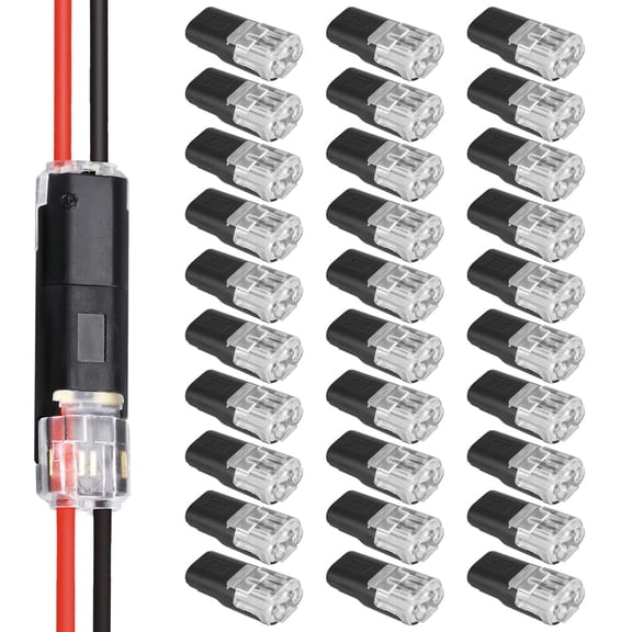 Double-Wire Plug-in Connector, 2-Pin Low Voltage Wire Connectors with Locking Buckle for LED Light Strip, No Wire Stripping Cutting Solderless Quick Connect Compact Plugs (30 PCS)