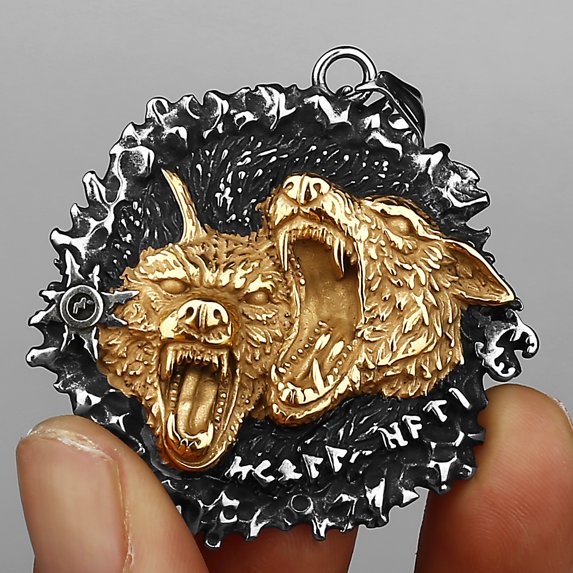 Double Wolf Head Titanium Steel Pendant Necklace For Men