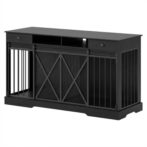 Double Wooden Dog Crate Furniture, Large Indoor Kennel with Sliding Doors & Storage