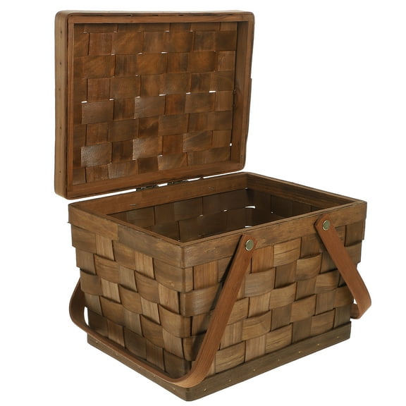 Double Wooden Picnic Basket Chic Basket 27.5X20X19CM Coffee