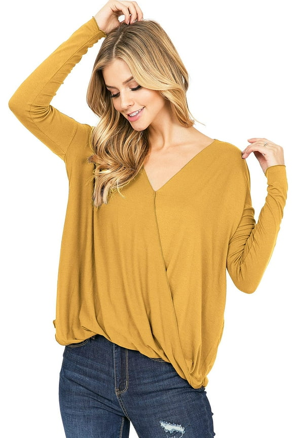 Women's Long Sleeve Surplice V-Neck Blouse (S, Mustard)