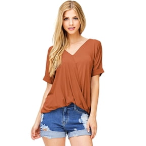 Double Zero Women's Surplice V-Neck Soft Casual Top (Rust, Small)