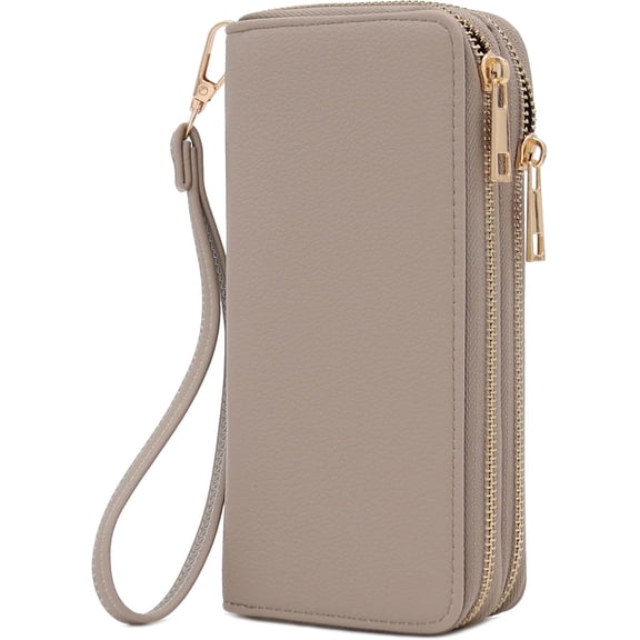 Double Zip Around PU Leather Wristlet Cell Phone Wallet