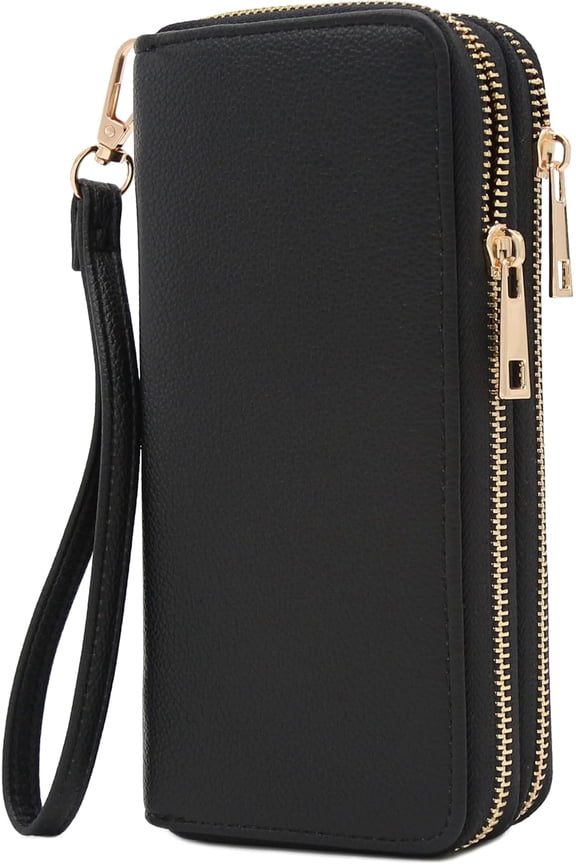 Double Zip Around PU Leather Wristlet Cell Phone Wallet