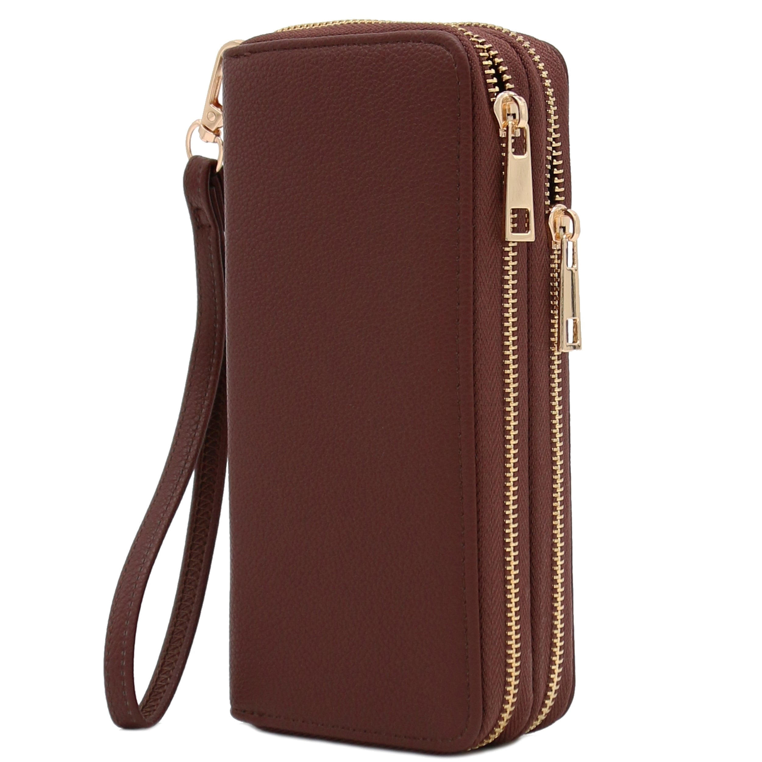 FashionPuzzle Double Zip Around PU Leather Wristlet Wallet (Coffee