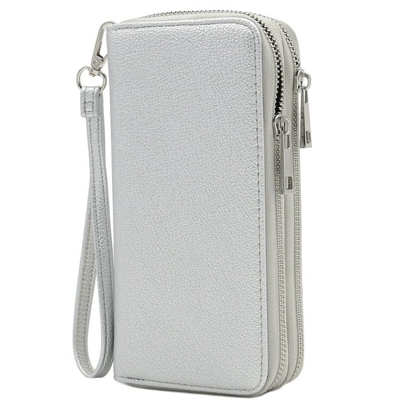 FashionPuzzle Double Zip Around PU Leather Wristlet Wallet (Silver)