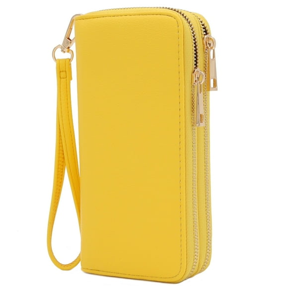 FashionPuzzle Double Zip Around PU Leather Wristlet Wallet (Yellow)