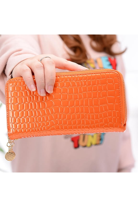 Double Zip Wristlet Wallet For Women Patent Crocodile Card Money Holder (Orange)
