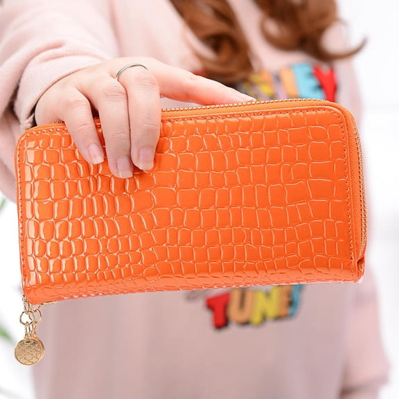Double Zip Wristlet Wallet For Women Patent Crocodile Card Money Holder (Orange)