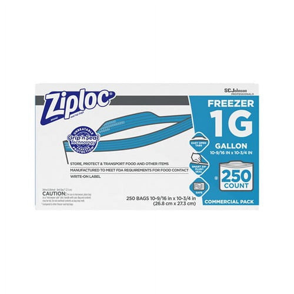 Double Zipper Freezer Bags 1 gal, 2.7 mil, 10.56" x 10.75", Clear, 250