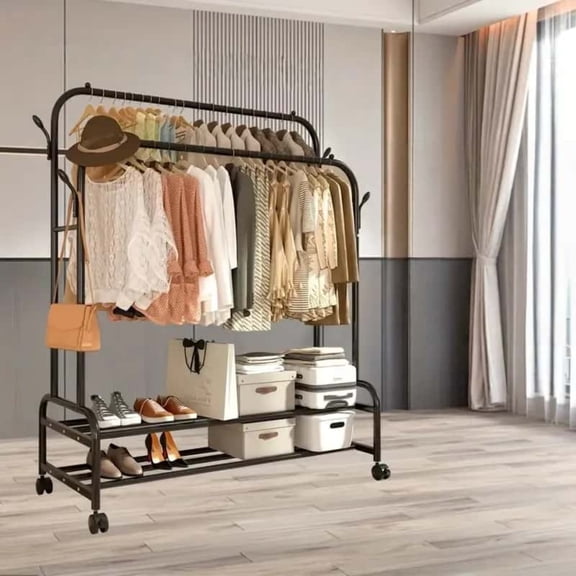 Double-bar clothes hanger, rollable metal clothes hanger, with frame, hooks, and bottom shelf, durable and stable, suitable for bedrooms and laundry rooms.