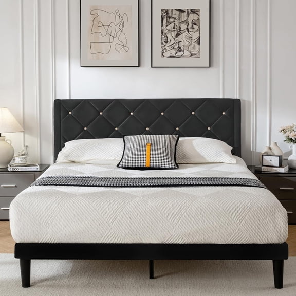 Queen Bed Frame with sturdy wooden mattress support (black)
